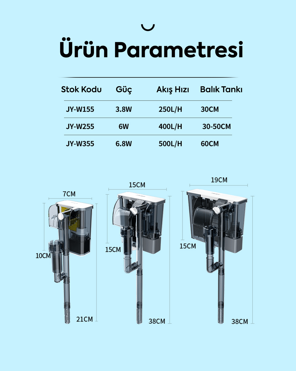 Jingye W155 Şeffaf Askı Filtre Beyaz 3,8W 250L/H