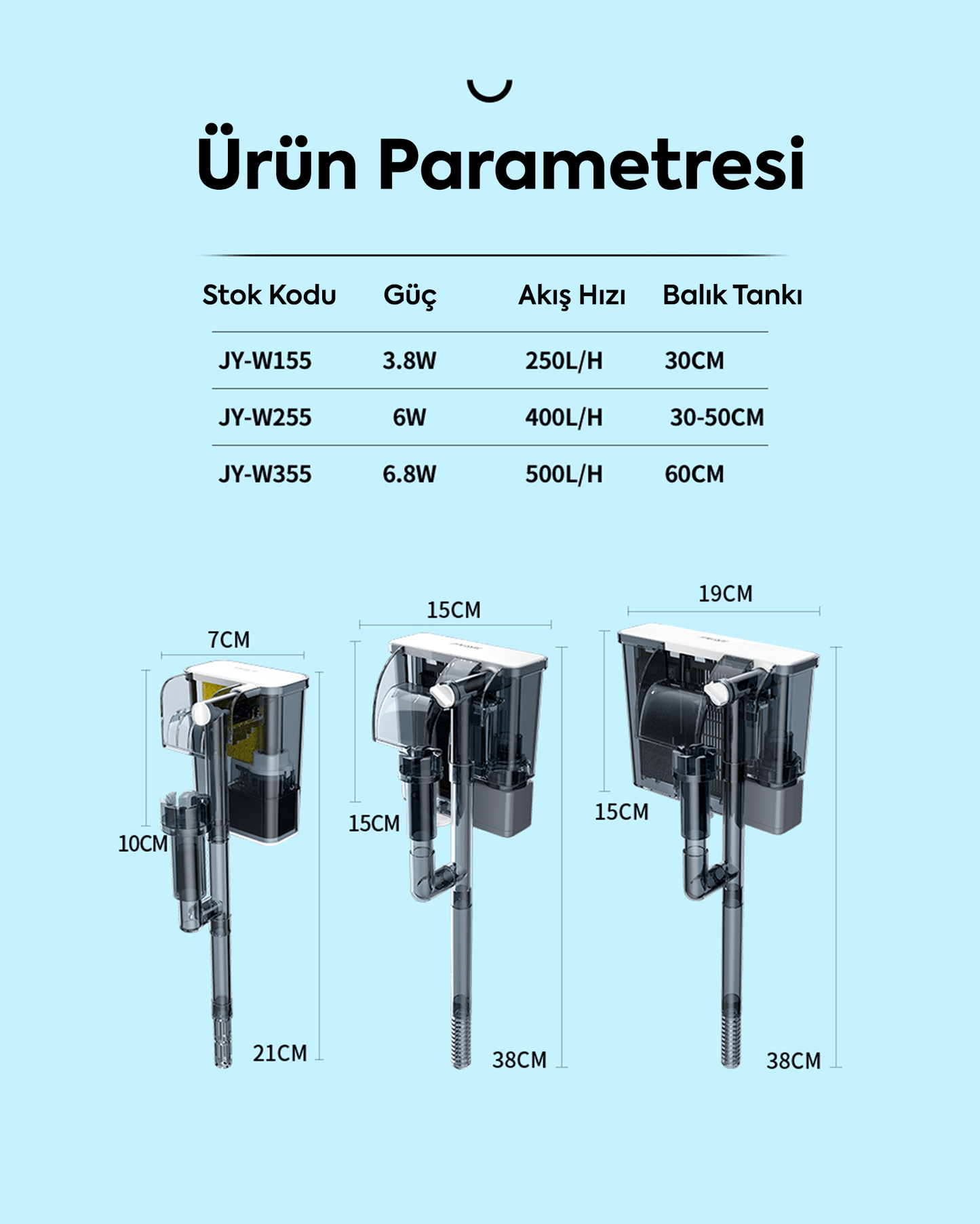 Jingye W155 Şeffaf Askı Filtre Beyaz 3,8W 250L/H