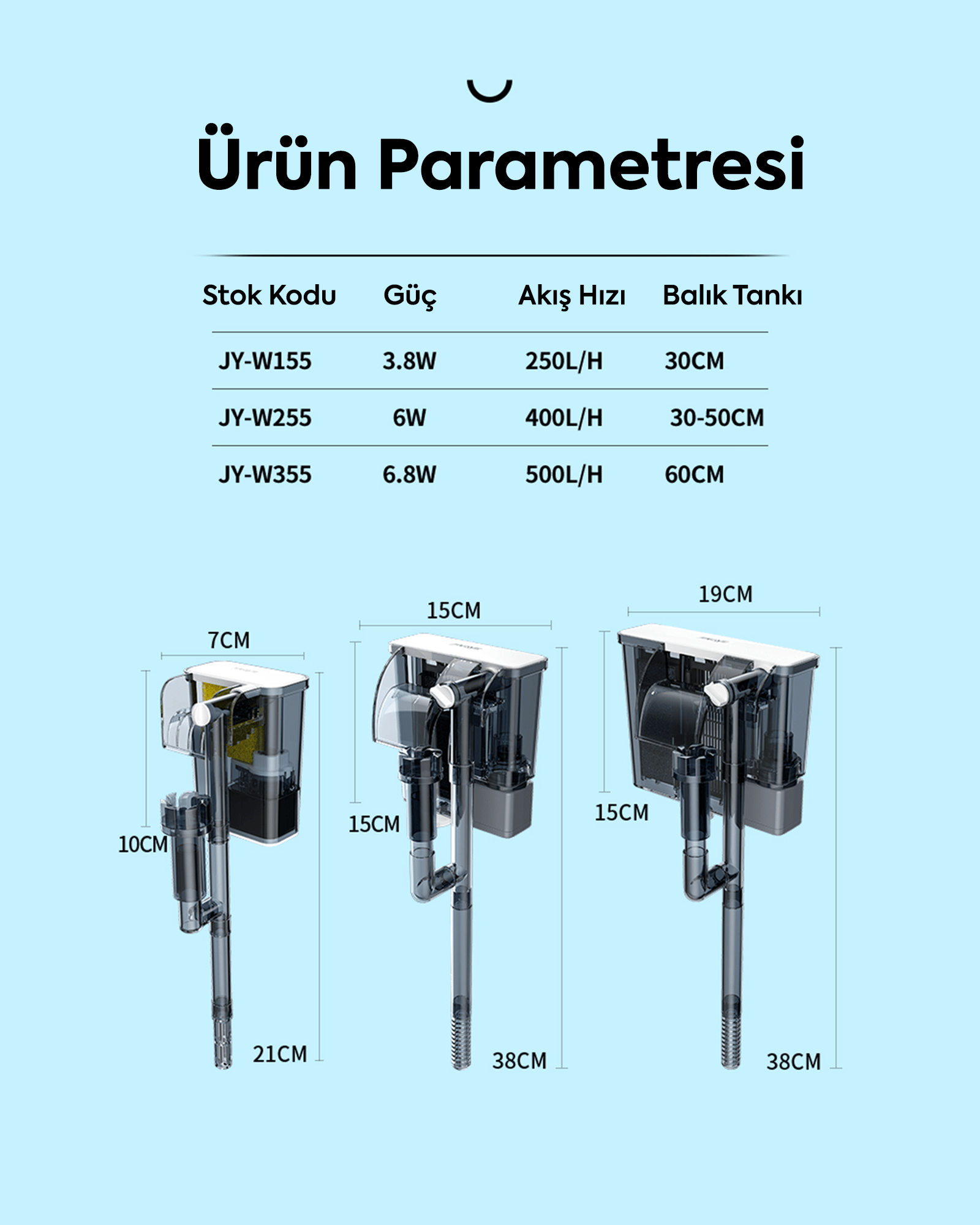 Jingye W155 Şeffaf Askı Filtre Beyaz 3,8W 250L/H